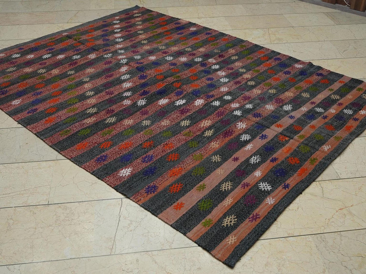 Turkish Kilim Rug: Vintage Flat Woven Stripe - Cotton Wool Blend