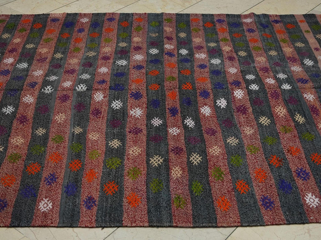 Turkish Kilim Rug: Vintage Flat Woven Stripe - Cotton Wool Blend