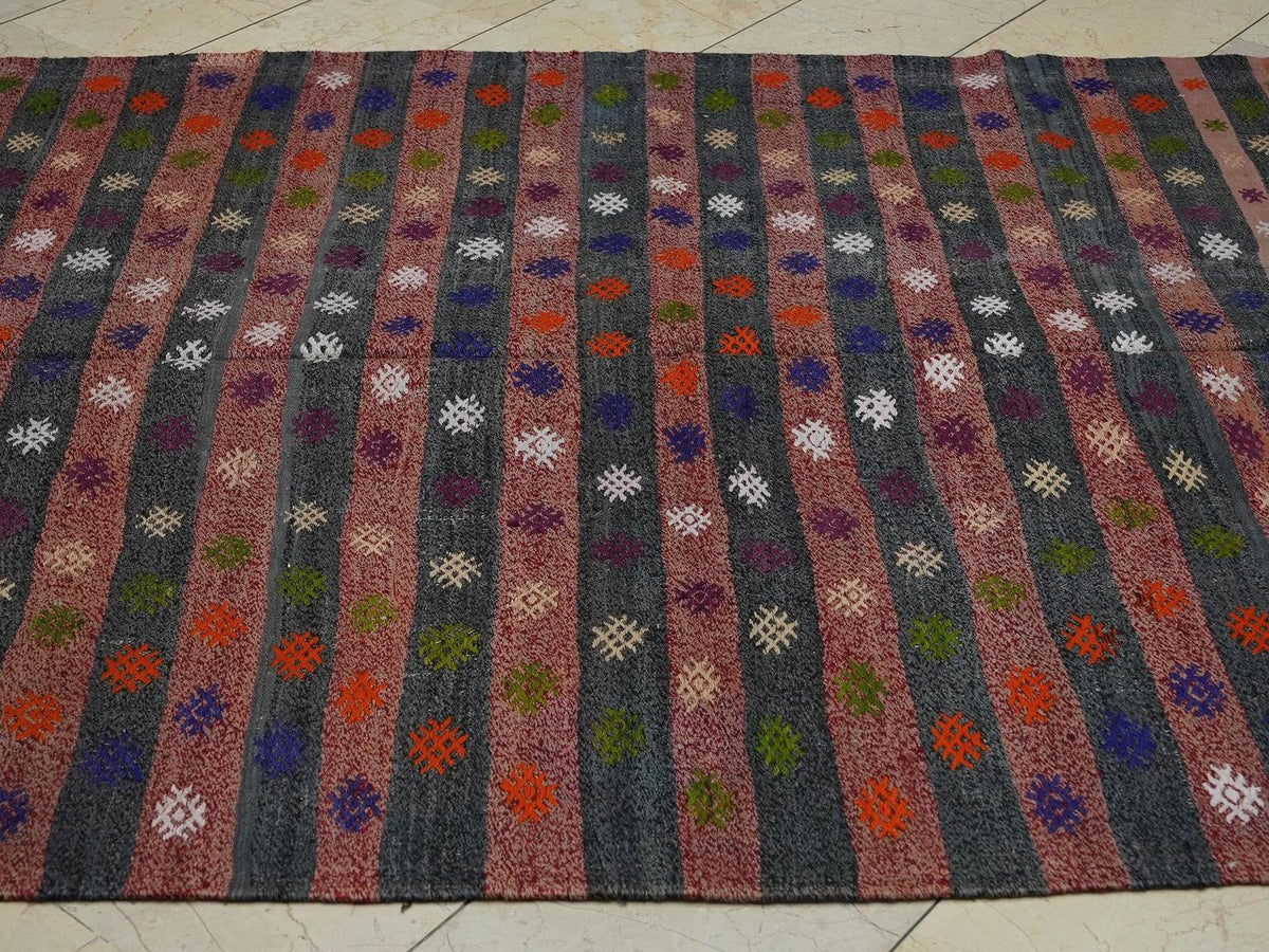 Turkish Kilim Rug: Vintage Flat Woven Stripe - Cotton Wool Blend