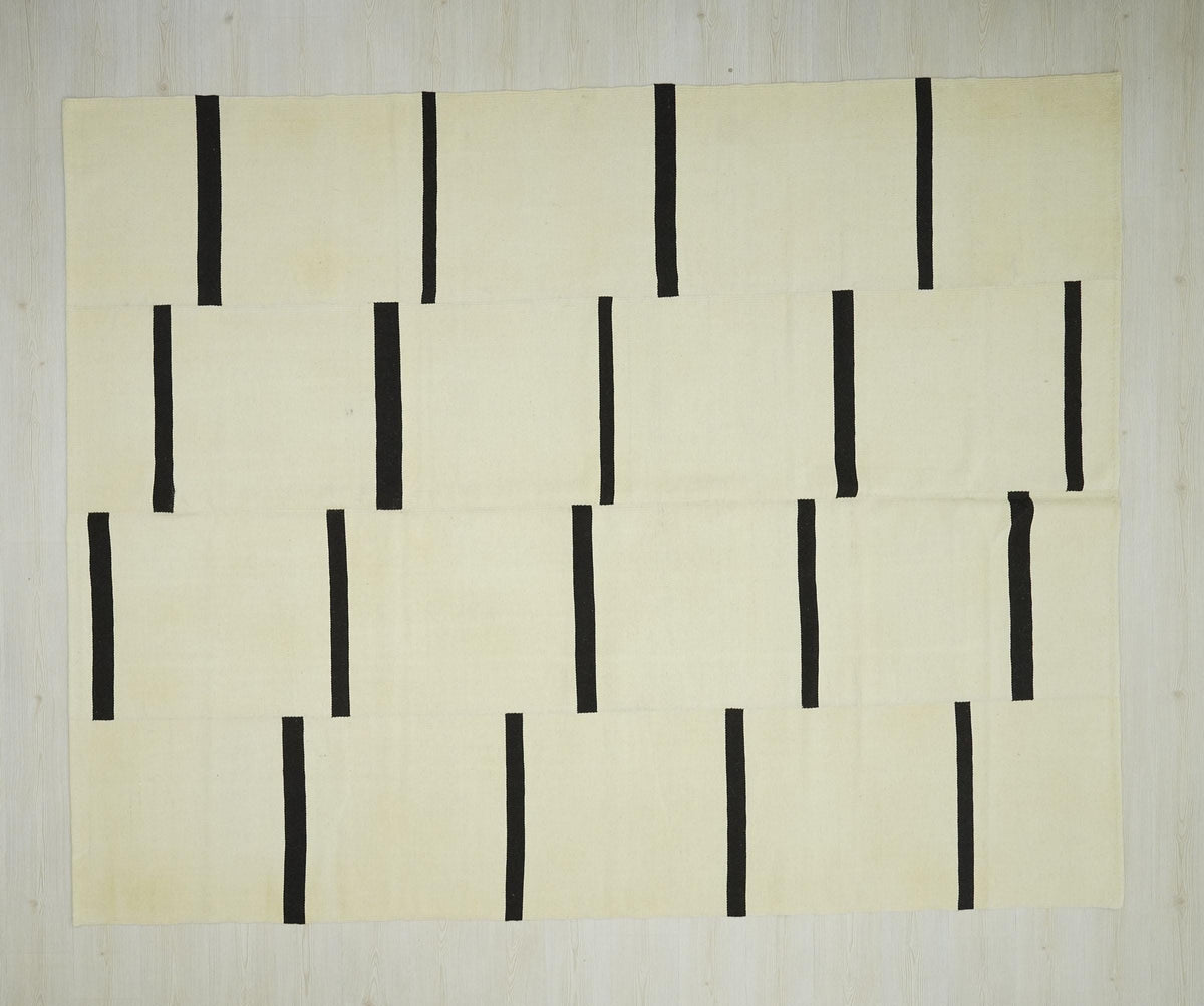 Handmade Scandinavian style Kilim Rug - Cream and Brown Striped Wool Turkish Rugs 8x10