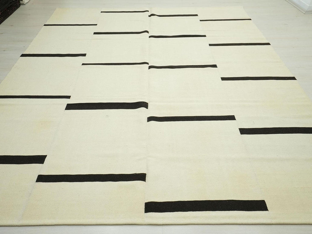 Handmade Scandinavian style Kilim Rug - Cream and Brown Striped Wool Turkish Rugs 8x10
