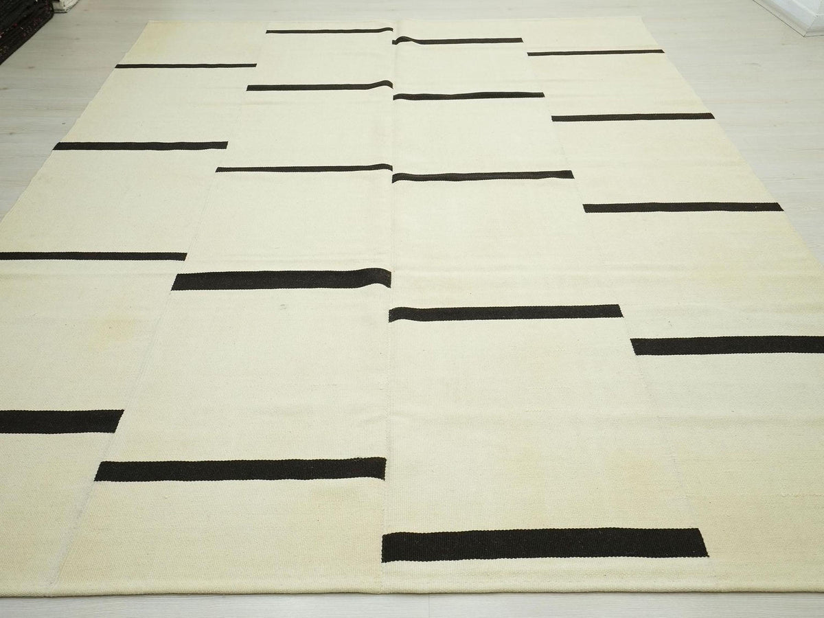 Handmade Scandinavian style Kilim Rug - Cream and Brown Striped Wool Turkish Rugs 8x10