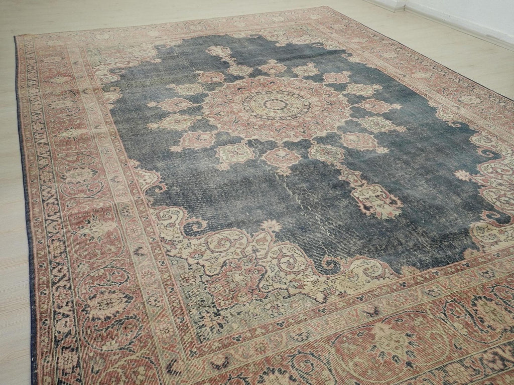 Oversize Vintage Turkish Oushak Rug: 9x12 Navy Blue Handwoven Wool Carpet Rugs.