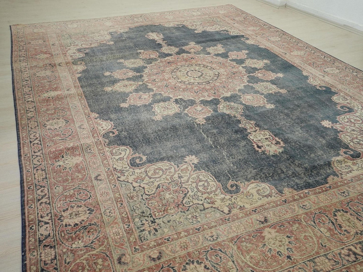 Oversize Vintage Turkish Oushak Rug: 9x12 Navy Blue Handwoven Wool Carpet Rugs.