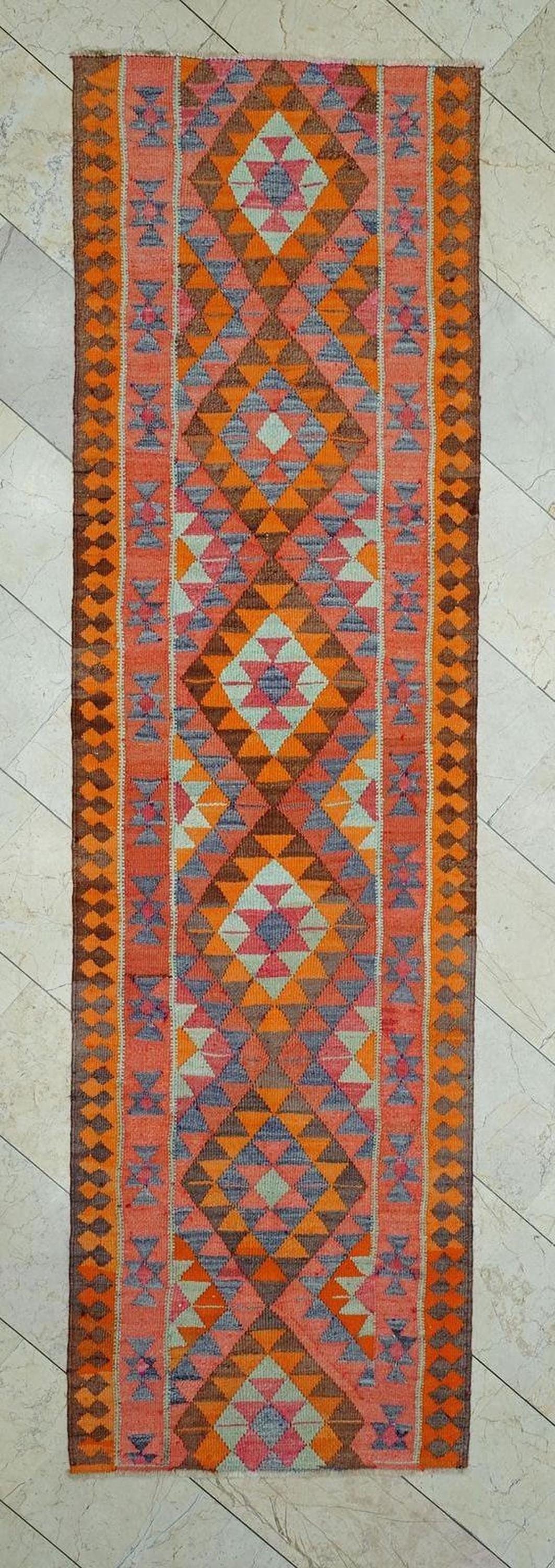 Turkish Orange Rug Runner: 3x10.2 Feet,Hand Flat Woven Colorful Kilim Rugs