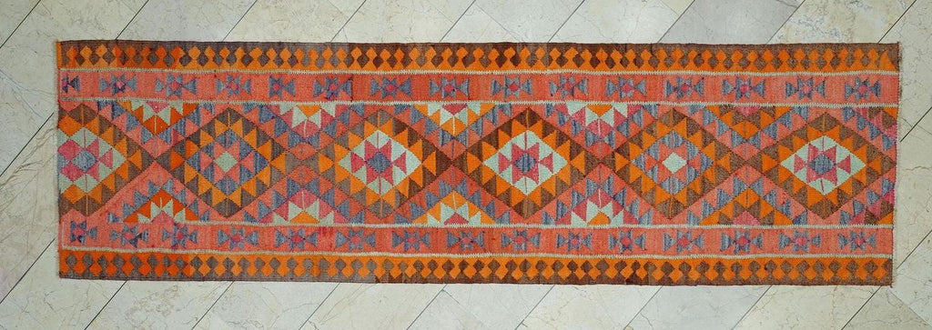 Turkish Orange Rug Runner: 3x10.2 Feet,Hand Flat Woven Colorful Kilim Rugs