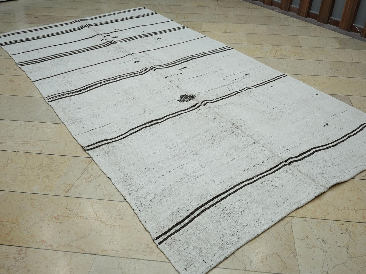 Eco-Friendly Stripe Handwoven Hemp Kilim Rug: Minimalist Home Style Turkish Rugs 5,6x10,7 Ft.