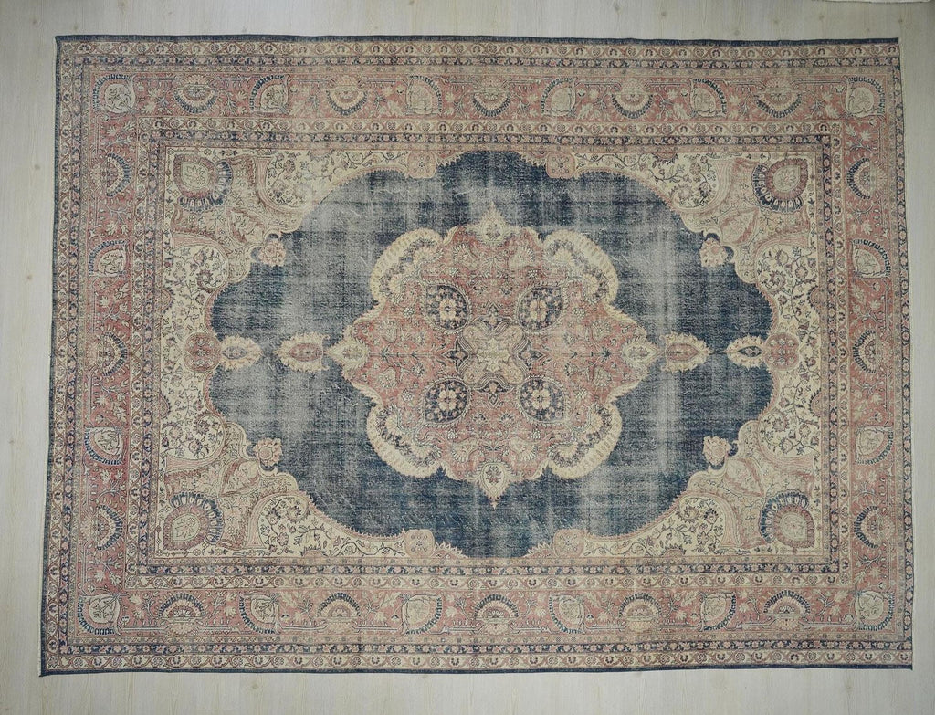 Vintage Turkish Oushak Rug - Navy Blue Wool Oversize 10x14 Feet