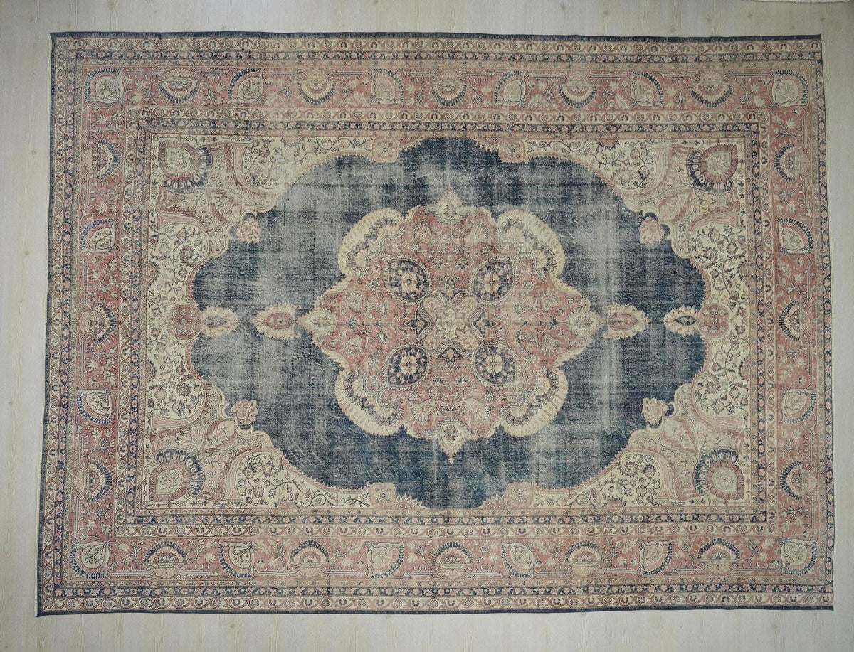 Vintage Turkish Oushak Rug - Navy Blue Wool Oversize 10x14 Feet