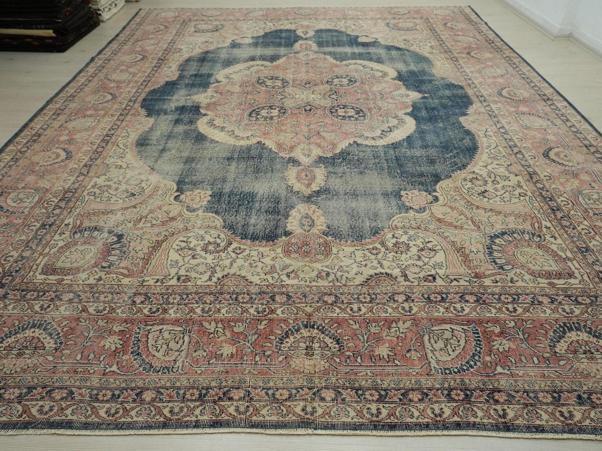 Vintage Turkish Oushak Rug - Navy Blue Wool Oversize 10x14 Feet
