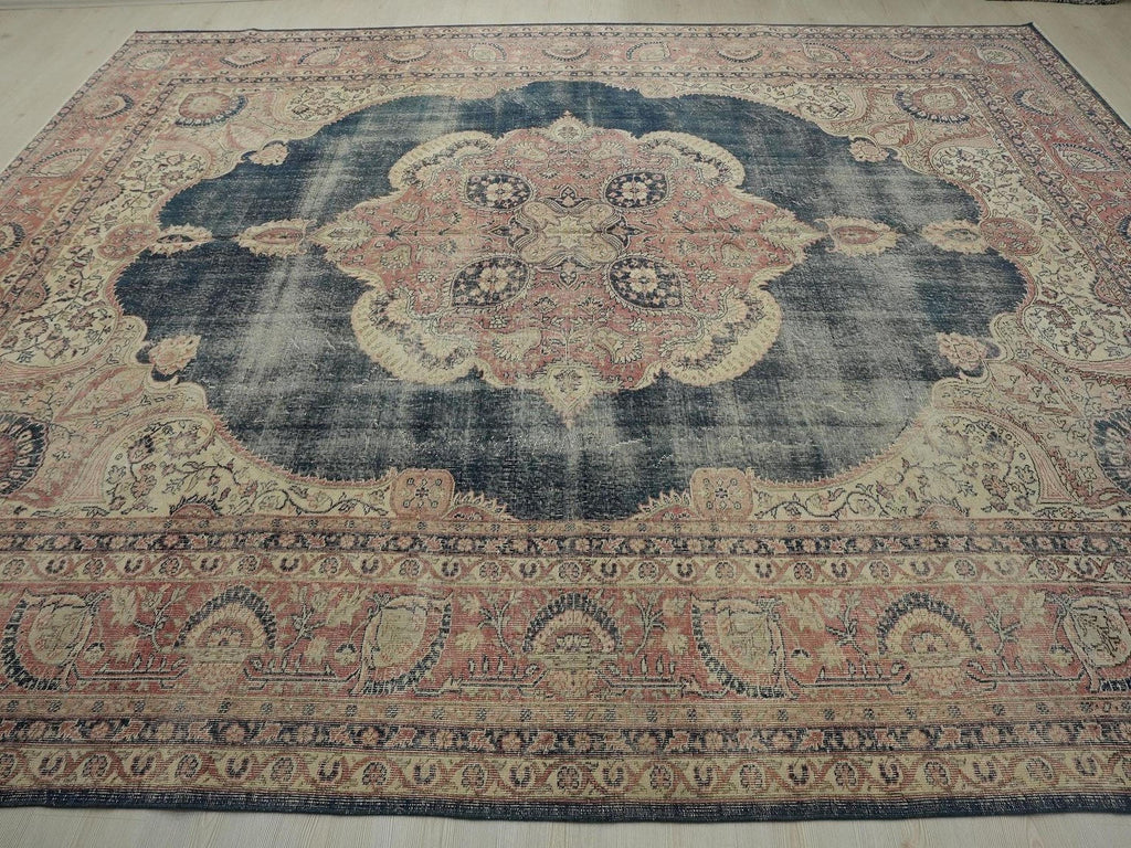 Vintage Turkish Oushak Rug - Navy Blue Wool Oversize 10x14 Feet