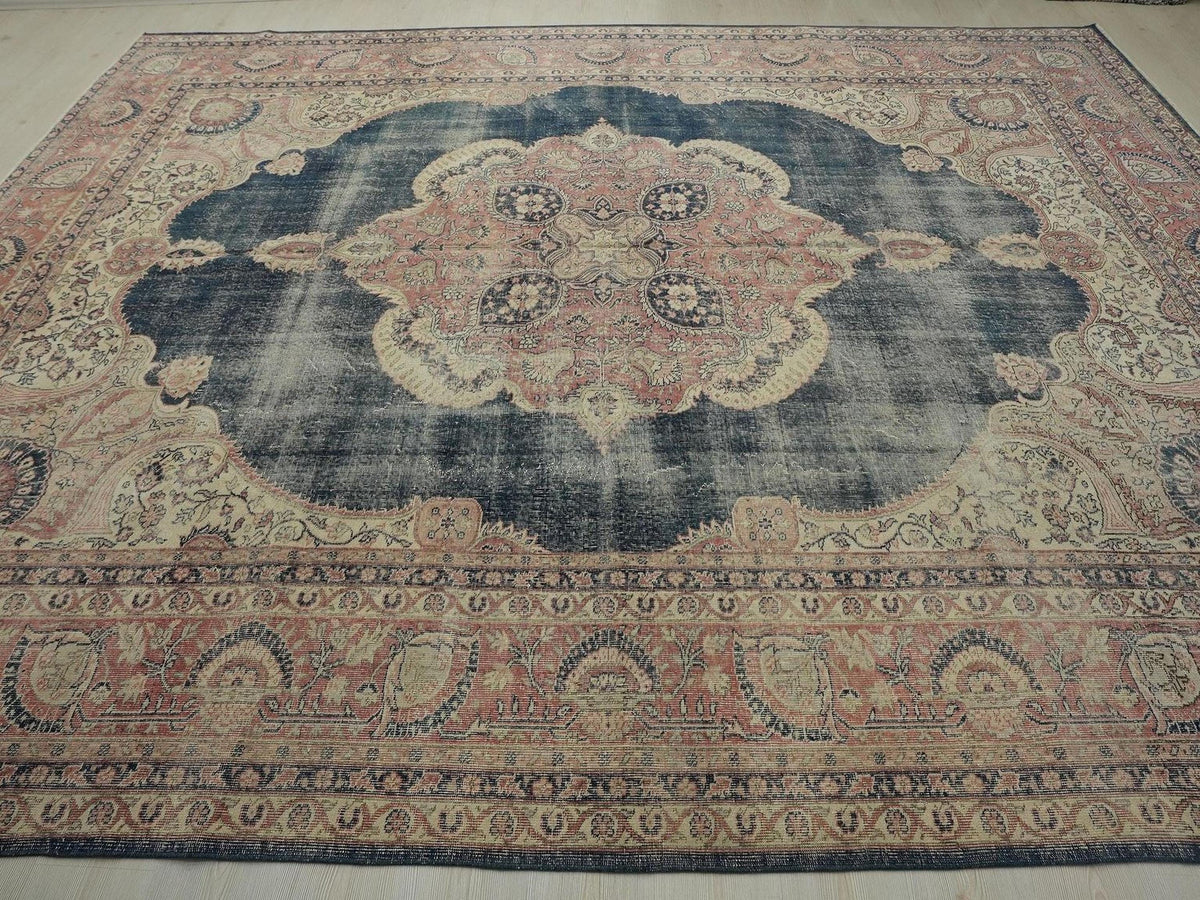 Vintage Turkish Oushak Rug - Navy Blue Wool Oversize 10x14 Feet