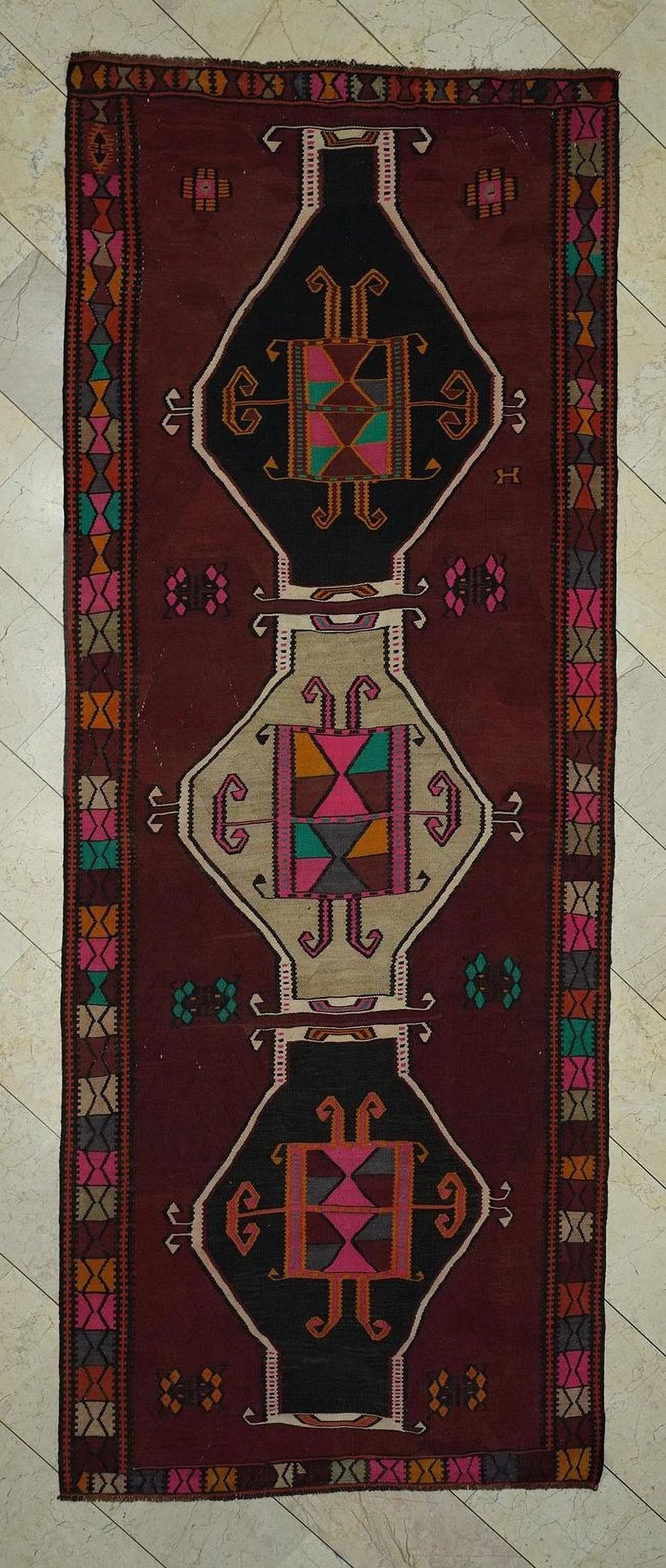 Long Turkish Kilim Rug: 4.4x11.3 ft Antique Kars Wool Rugs