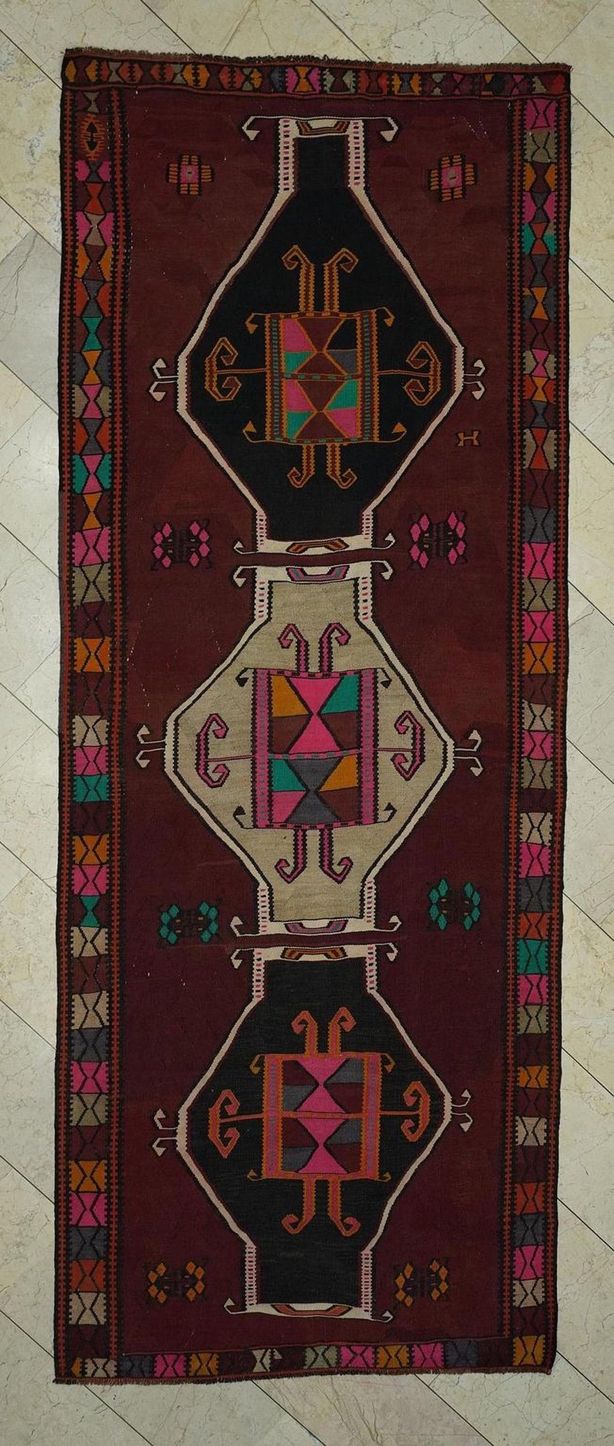 Long Turkish Kilim Rug: 4.4x11.3 ft Antique Kars Wool Rugs