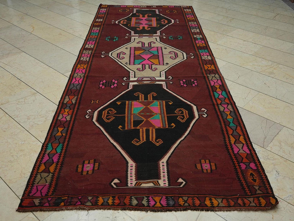Long Turkish Kilim Rug: 4.4x11.3 ft Antique Kars Wool Rugs