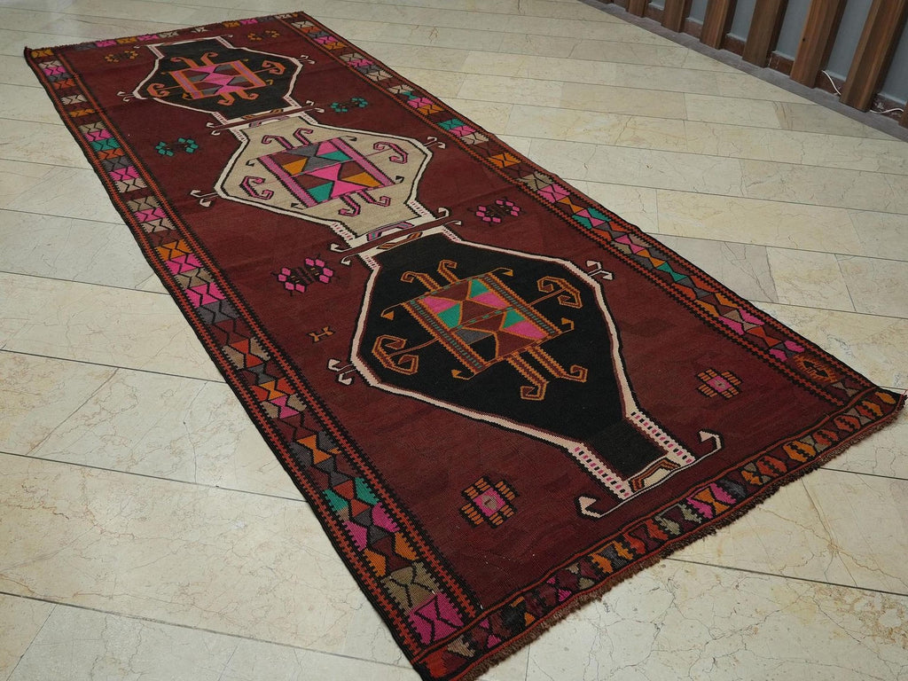 Long Turkish Kilim Rug: 4.4x11.3 ft Antique Kars Wool Rugs