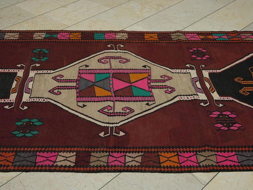 Long Turkish Kilim Rug: 4.4x11.3 ft Antique Kars Wool Rugs