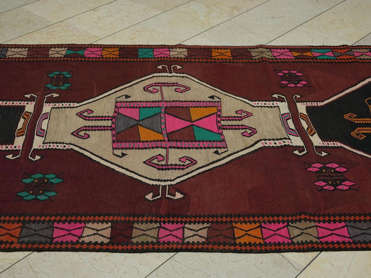 Long Turkish Kilim Rug: 4.4x11.3 ft Antique Kars Wool Rugs