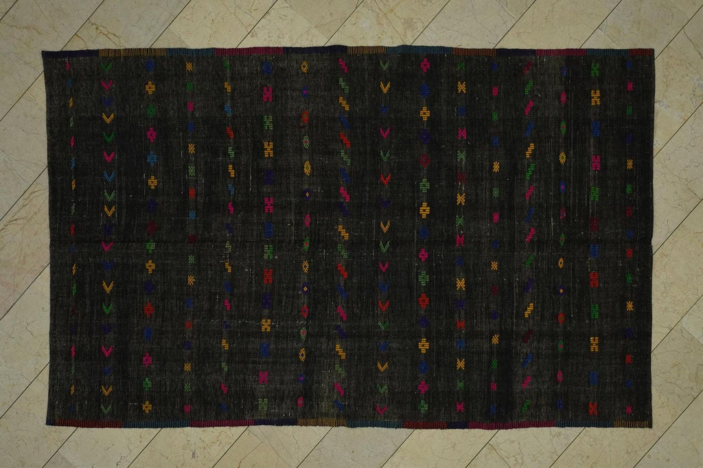 Black Turkish Kilim Rug: Multi-Color Embroidery, Goat Wool, Mid-Century Modern (5,11x9,8 Feet)