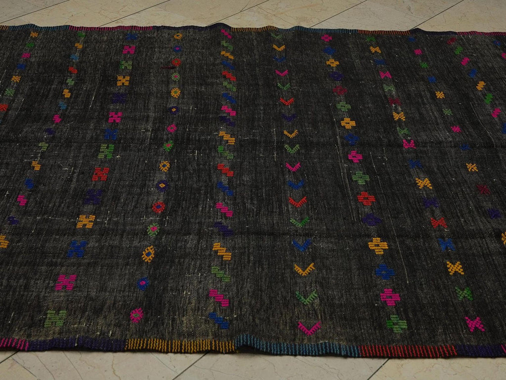Black Turkish Kilim Rug: Multi-Color Embroidery, Goat Wool, Mid-Century Modern (5,11x9,8 Feet)
