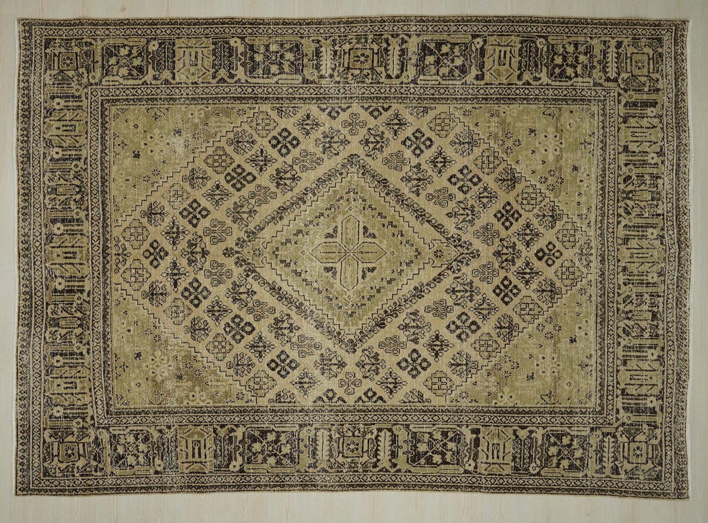 Vintage Beige Brown Wool Rug: 7.2x10 Mid-Century Modern Carpet