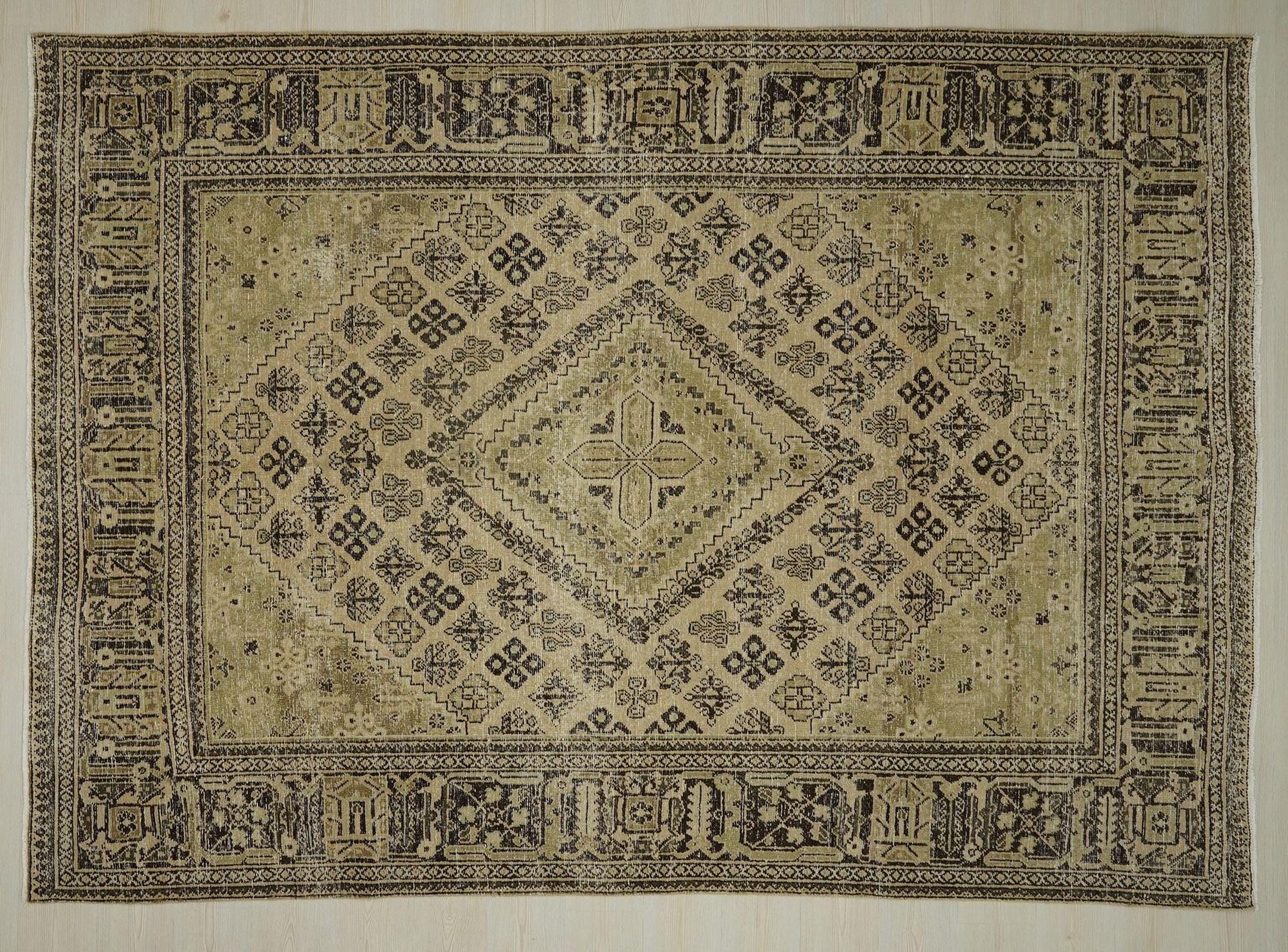 Vintage Beige Brown Wool Rug: 7.2x10 Mid-Century Modern Carpet
