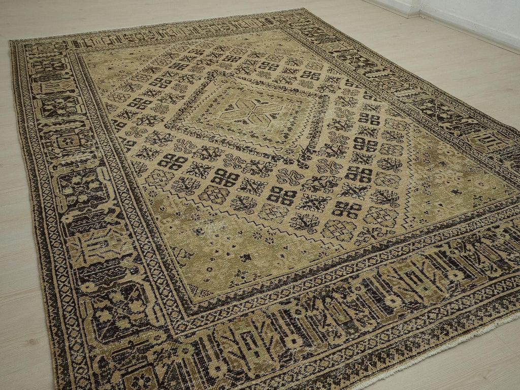 Vintage Beige Brown Wool Rug: 7.2x10 Mid-Century Modern Carpet