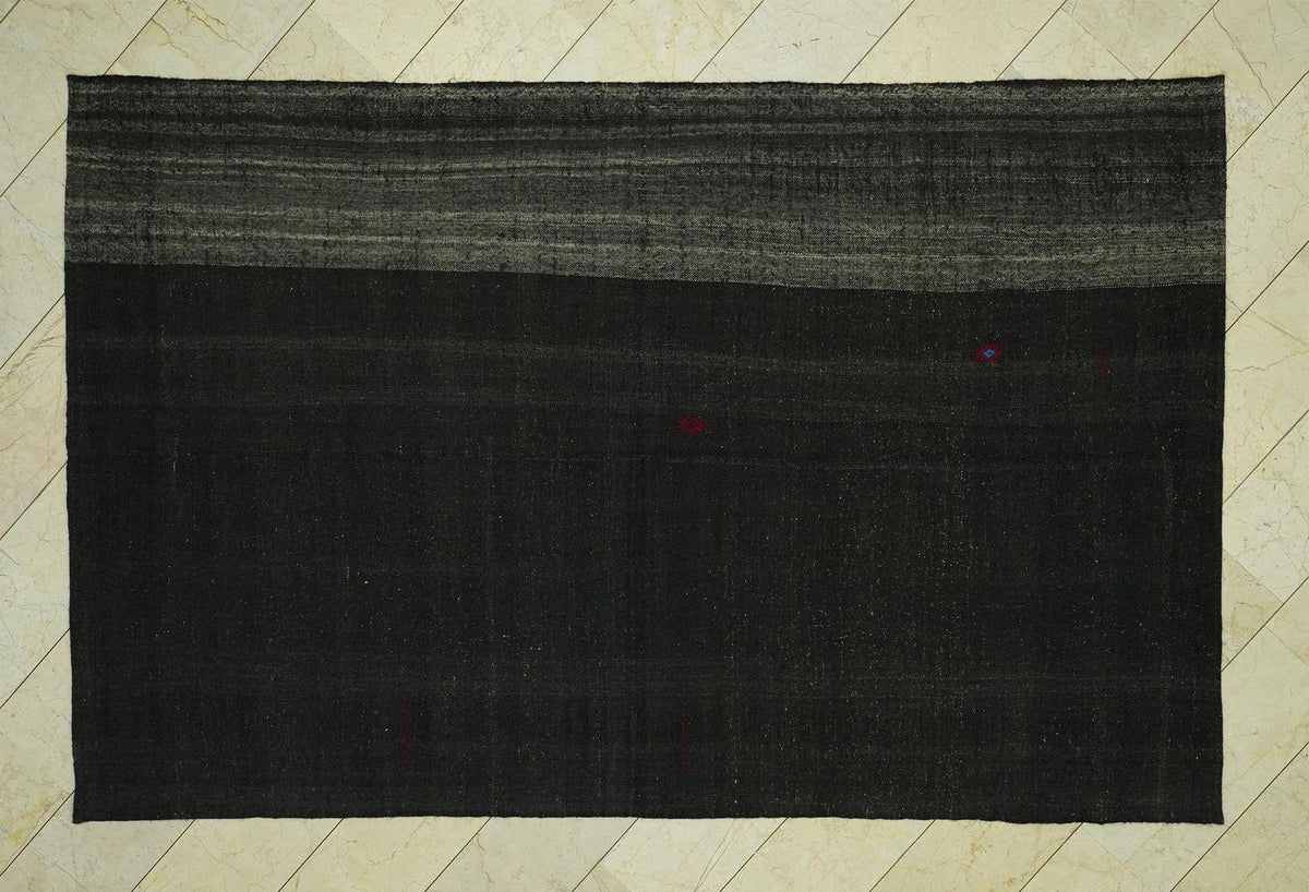 Vintage Anatolian Goat Hair Kilim Rug: 6.6"x10.4' Feet,Dark Brown Nomadic Rugs
