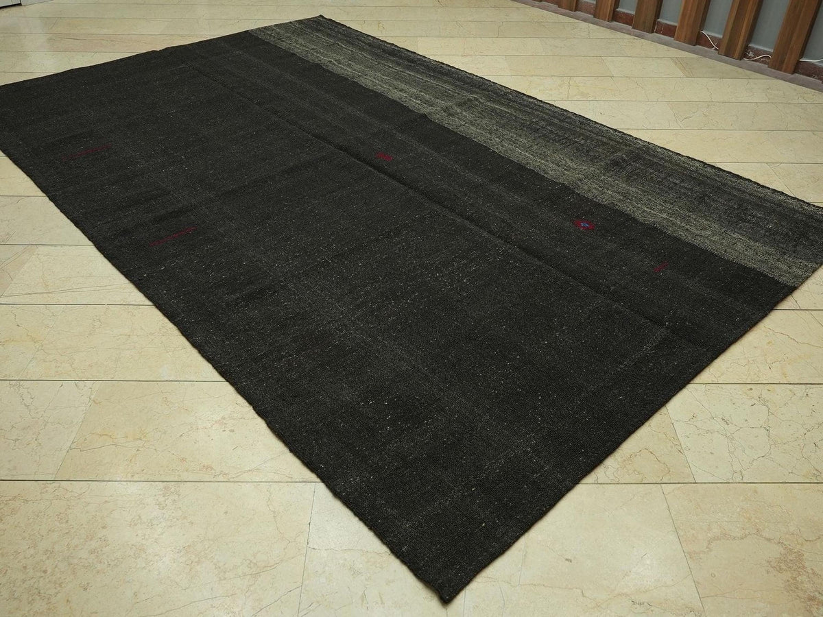Vintage Anatolian Goat Hair Kilim Rug: 6.6"x10.4' Feet,Dark Brown Nomadic Rugs