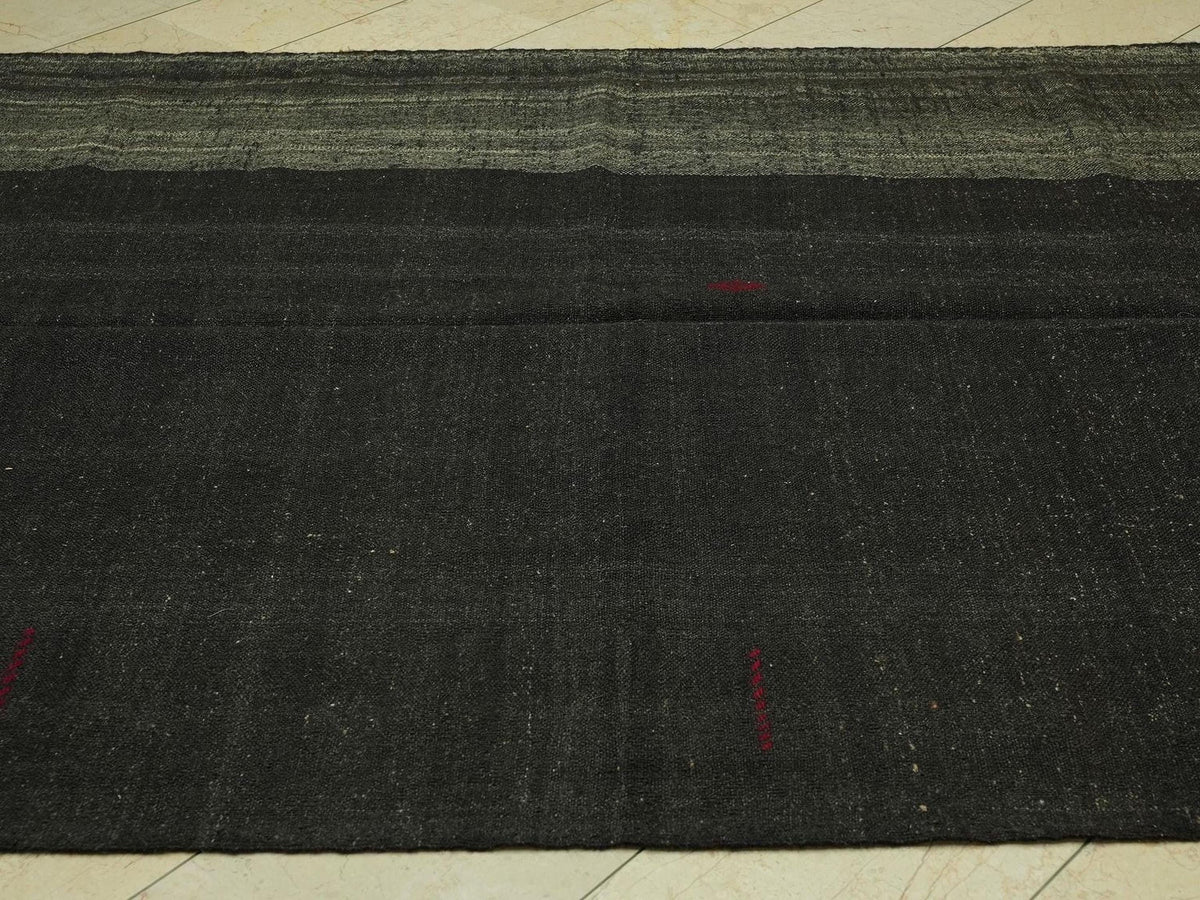 Vintage Anatolian Goat Hair Kilim Rug: 6.6"x10.4' Feet,Dark Brown Nomadic Rugs