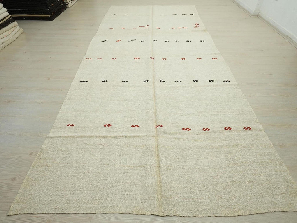Embroidered Organic Handwoven Hemp Kilim Rug: Modern Cream White Turkish Rugs, 6x13,4 Feet.