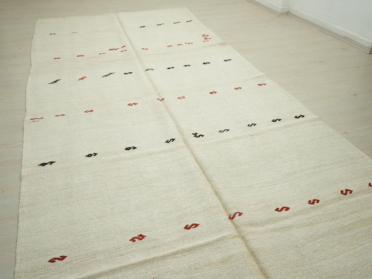 Embroidered Organic Handwoven Hemp Kilim Rug: Modern Cream White Turkish Rugs, 6x13,4 Feet.