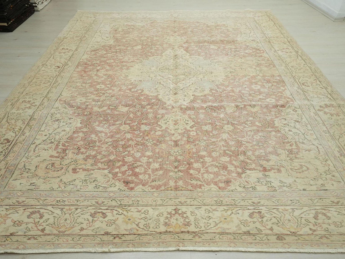 8x11 Oversize Vintage Handwoven Oushak Rug: Mid Century Modern Turkish Rugs Home Living Decor