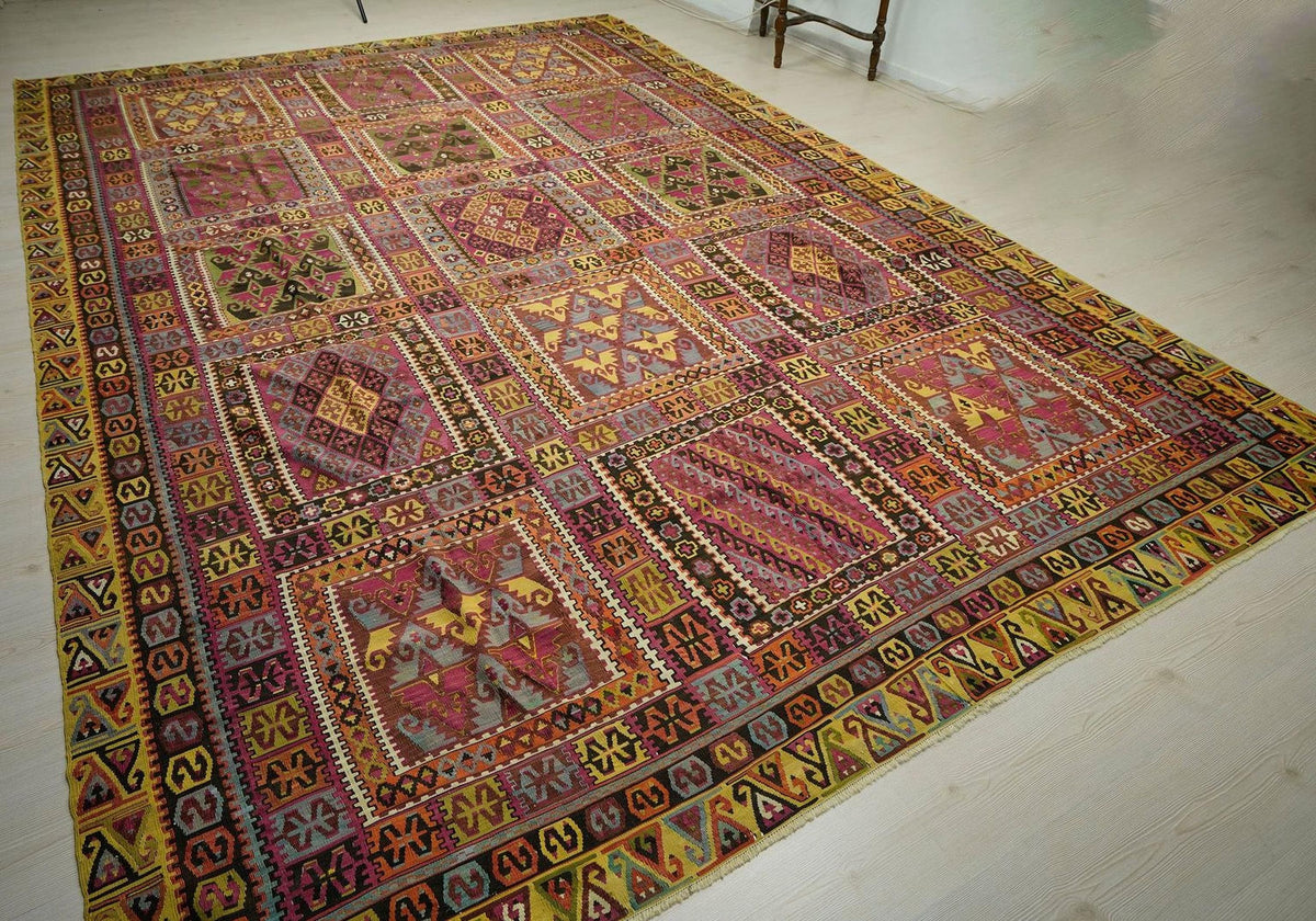 Nineteen Century Antique Sivas Zara Kilim Rug,Hand-Spun Soft Wool Rugs 9.5x13 Ft.