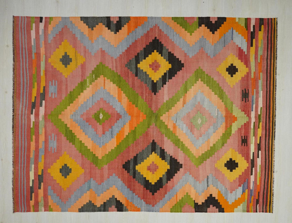 Large Antique Turkish Kilim Rug: Pink, Green, Mid-Century Modern Flat Woven Rugs,7.3x9.9