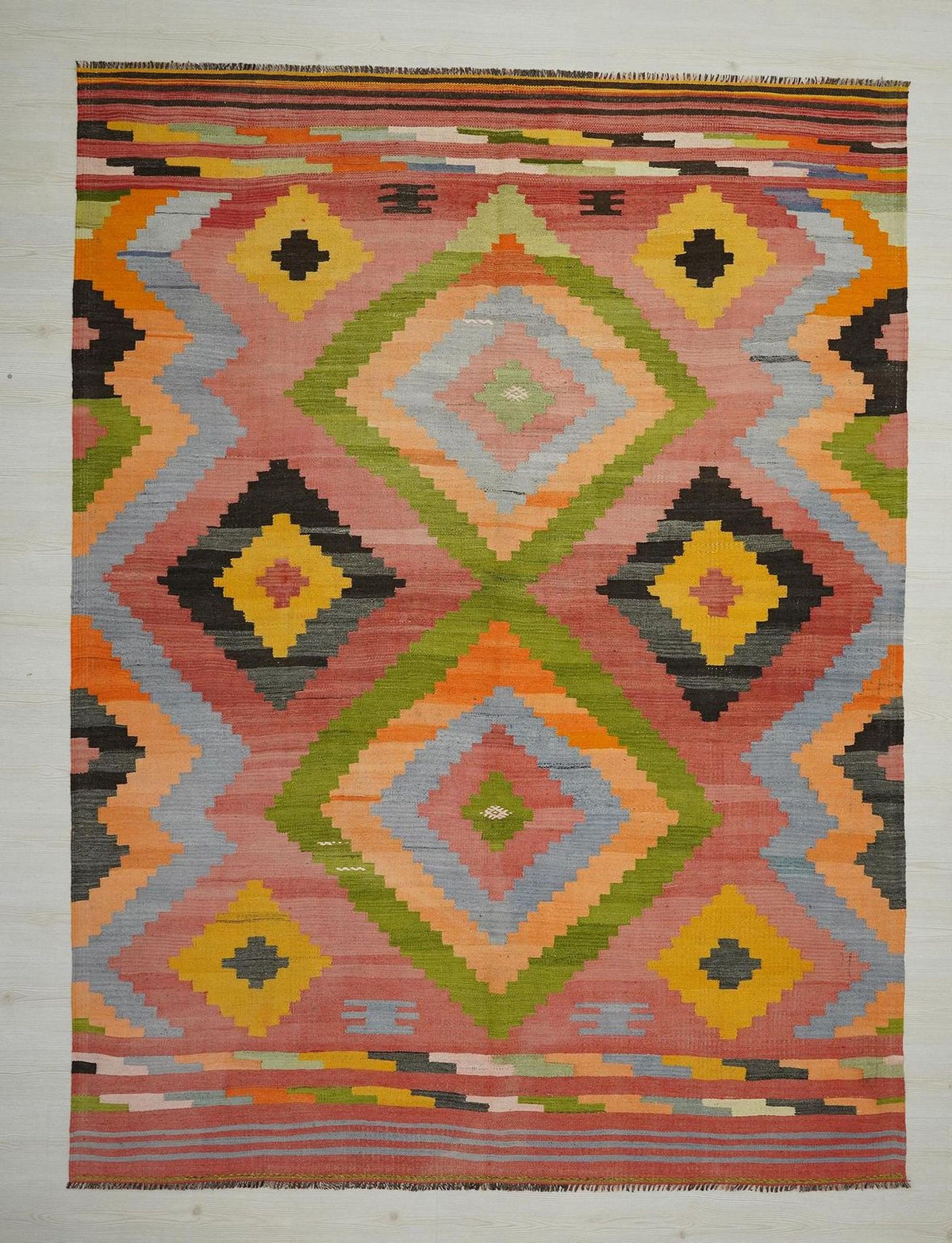Large Antique Turkish Kilim Rug: Pink, Green, Mid-Century Modern Flat Woven Rugs,7.3x9.9