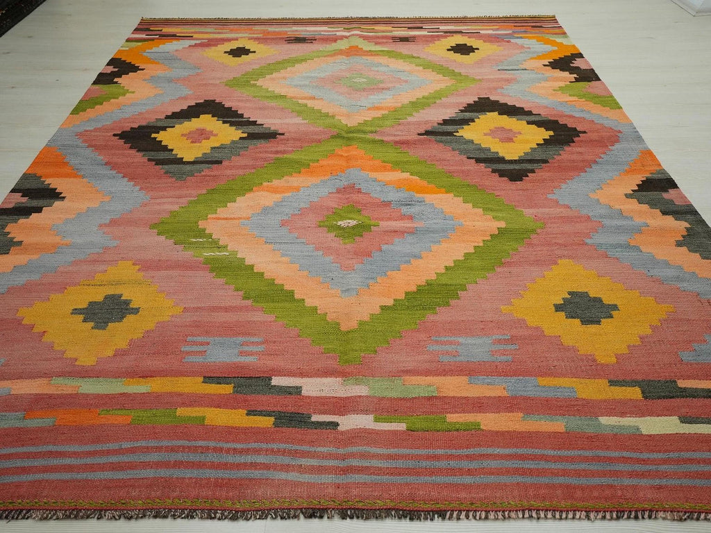 Large Antique Turkish Kilim Rug: Pink, Green, Mid-Century Modern Flat Woven Rugs,7.3x9.9