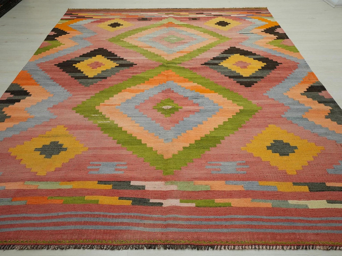 Large Antique Turkish Kilim Rug: Pink, Green, Mid-Century Modern Flat Woven Rugs,7.3x9.9