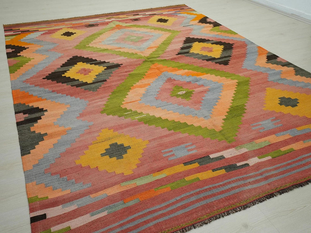 Large Antique Turkish Kilim Rug: Pink, Green, Mid-Century Modern Flat Woven Rugs,7.3x9.9