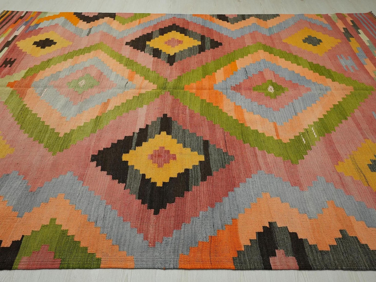 Large Antique Turkish Kilim Rug: Pink, Green, Mid-Century Modern Flat Woven Rugs,7.3x9.9