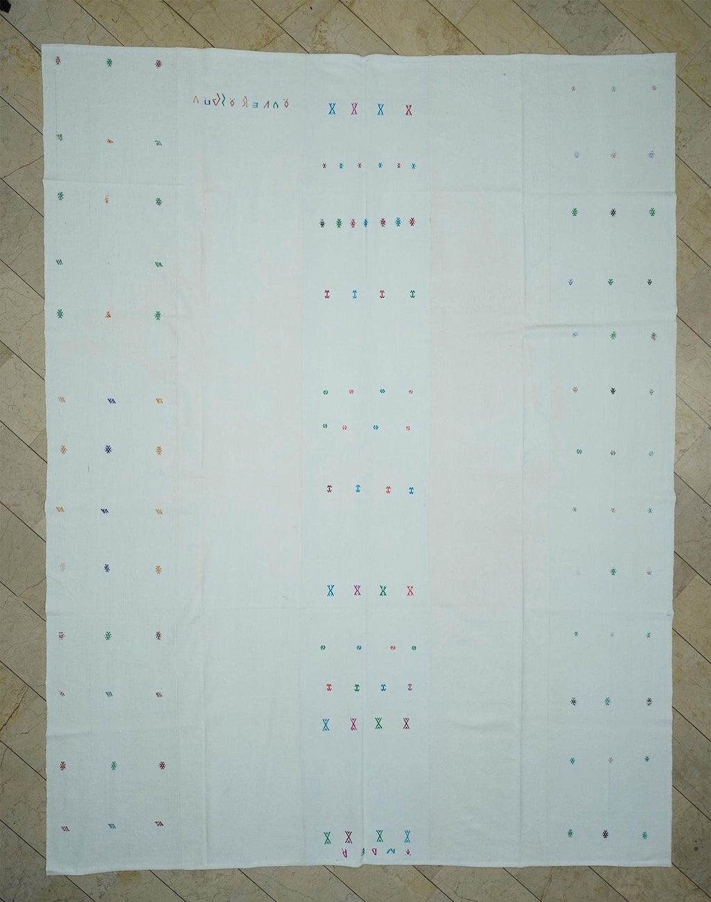 Oversized Vintage Turkish Kilim Rug: 11x14 White Cotton Flat Weave Rugs