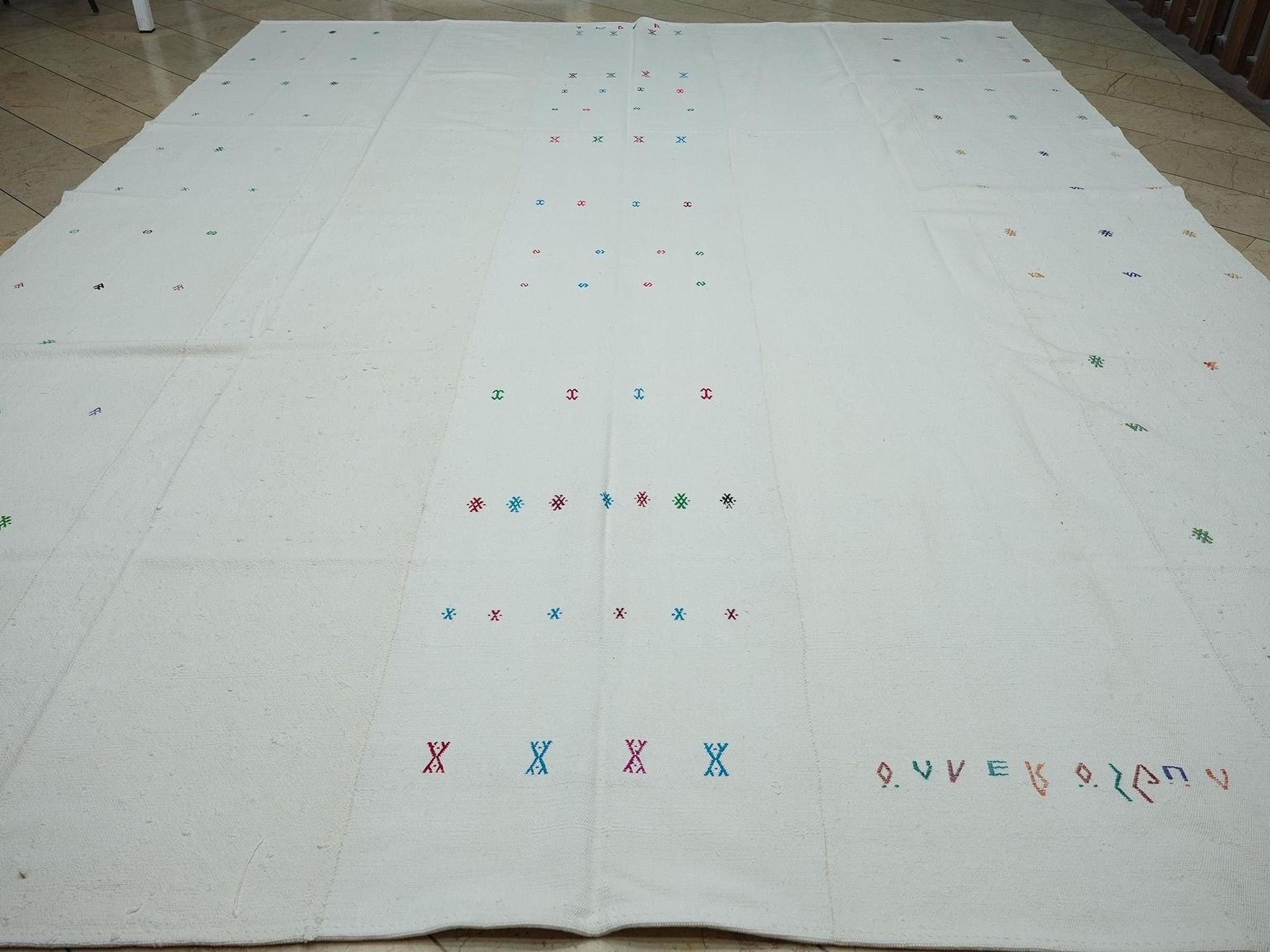 Oversized Vintage Turkish Kilim Rug: 11x14 White Cotton Flat Weave Rugs
