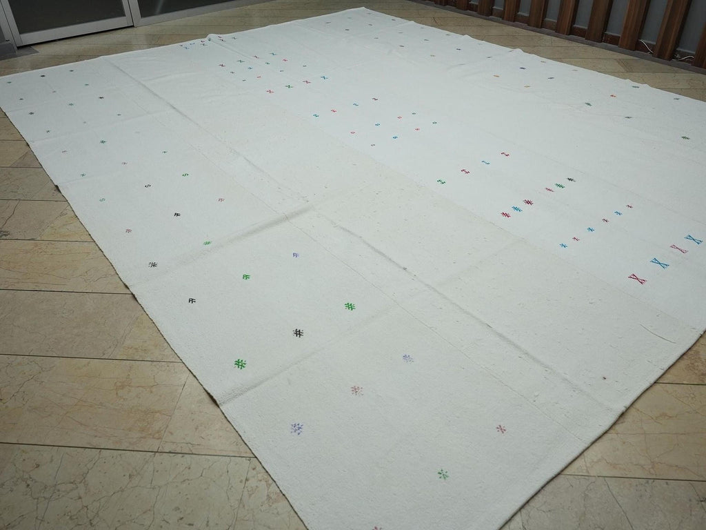 Oversized Vintage Turkish Kilim Rug: 11x14 White Cotton Flat Weave Rugs