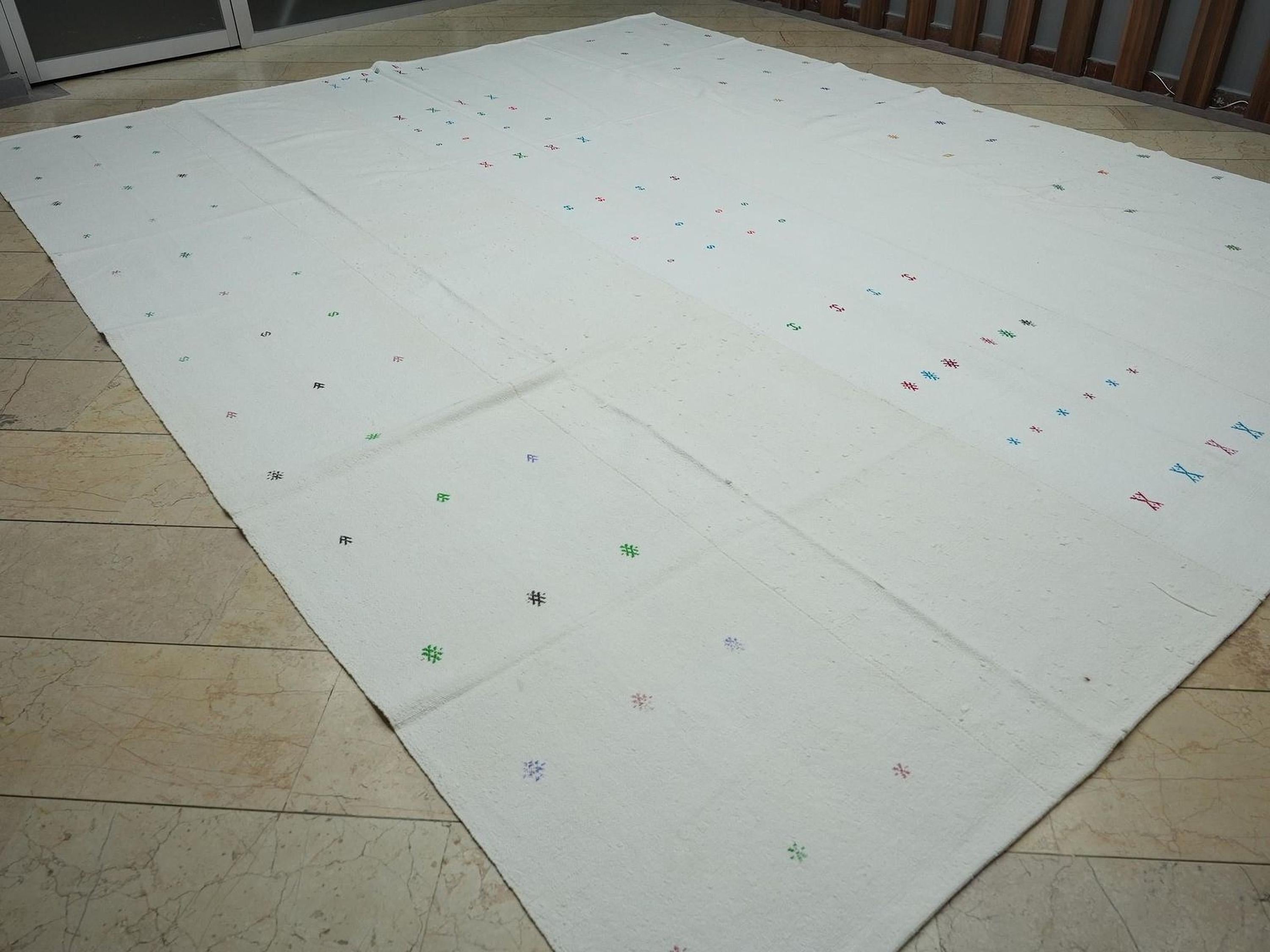 Oversized Vintage Turkish Kilim Rug: 11x14 White Cotton Flat Weave Rugs