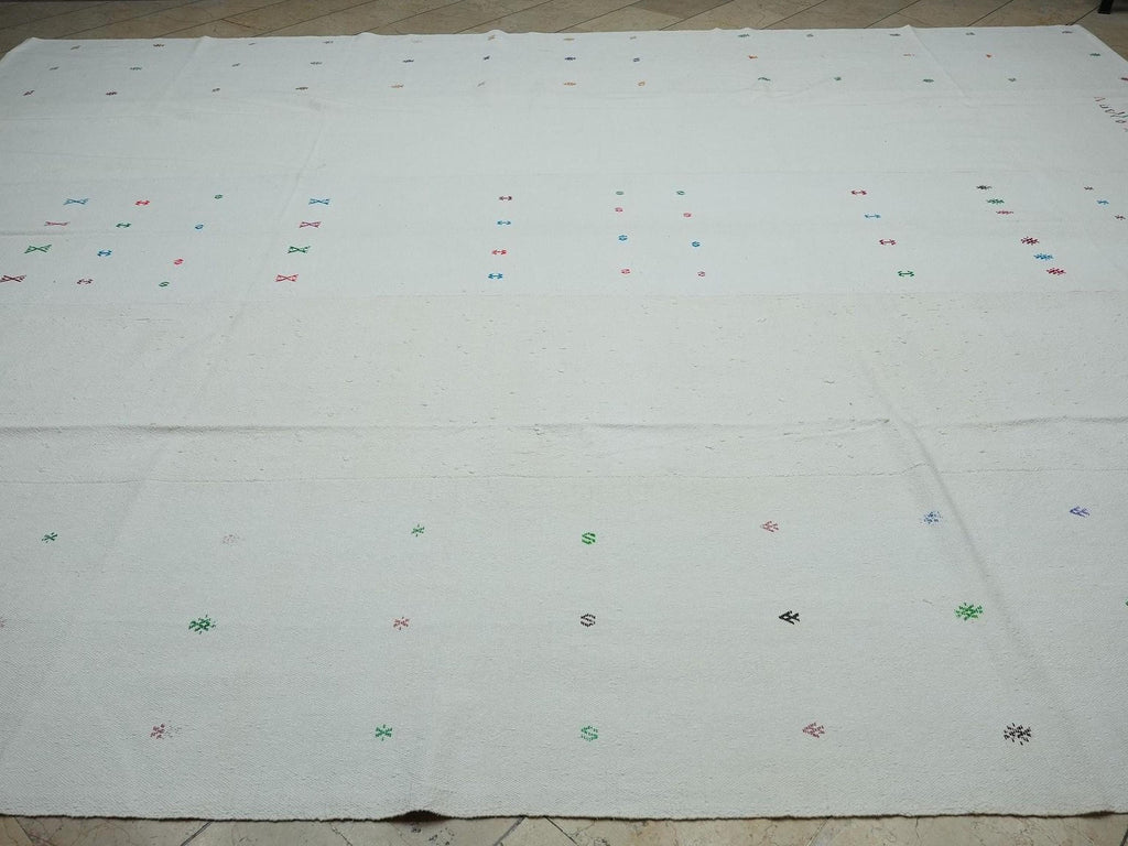 Oversized Vintage Turkish Kilim Rug: 11x14 White Cotton Flat Weave Rugs