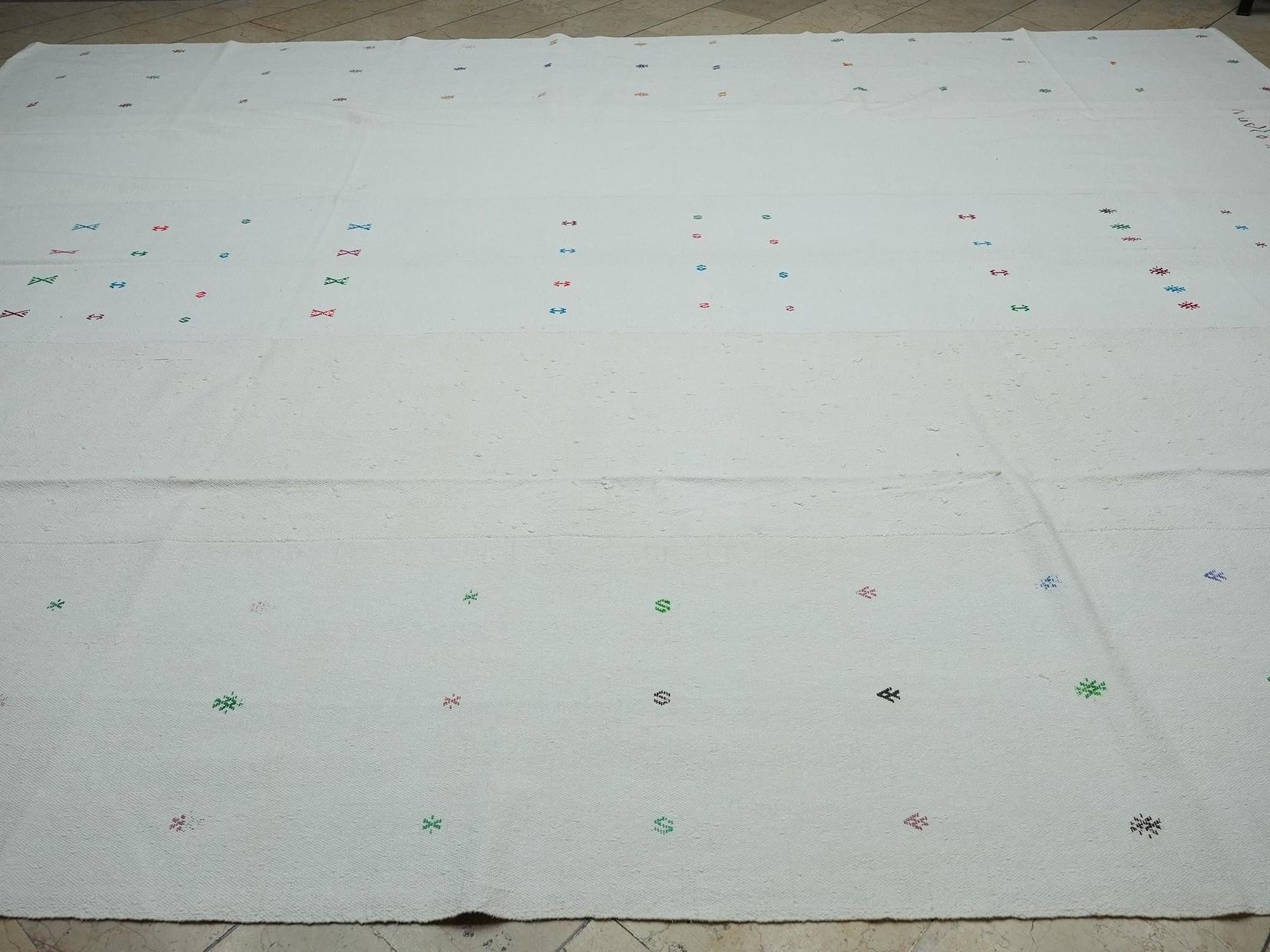 Oversized Vintage Turkish Kilim Rug: 11x14 White Cotton Flat Weave Rugs