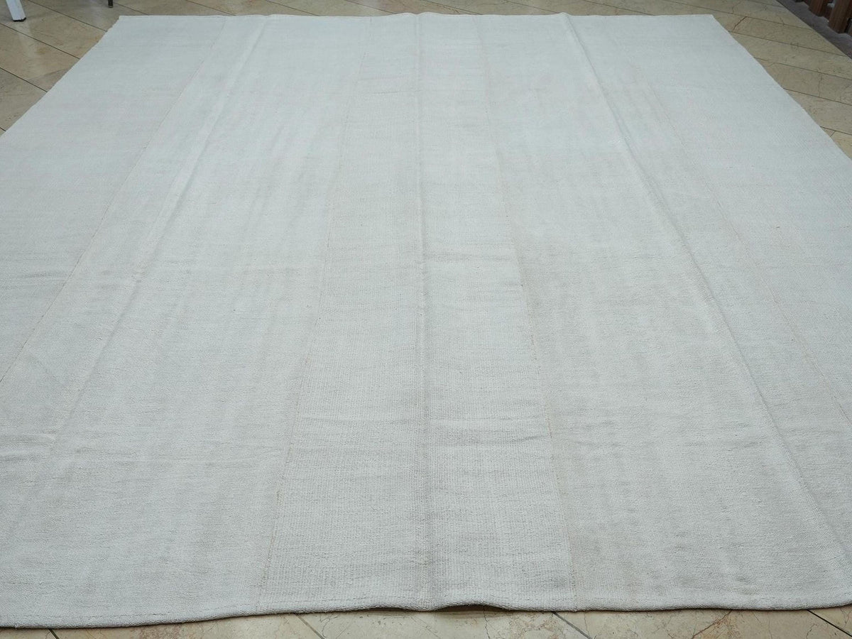Oversized White Hemp Kilim Rug: Vintage Turkish Flat Woven Rugs 10.7" x 11.6" Feet