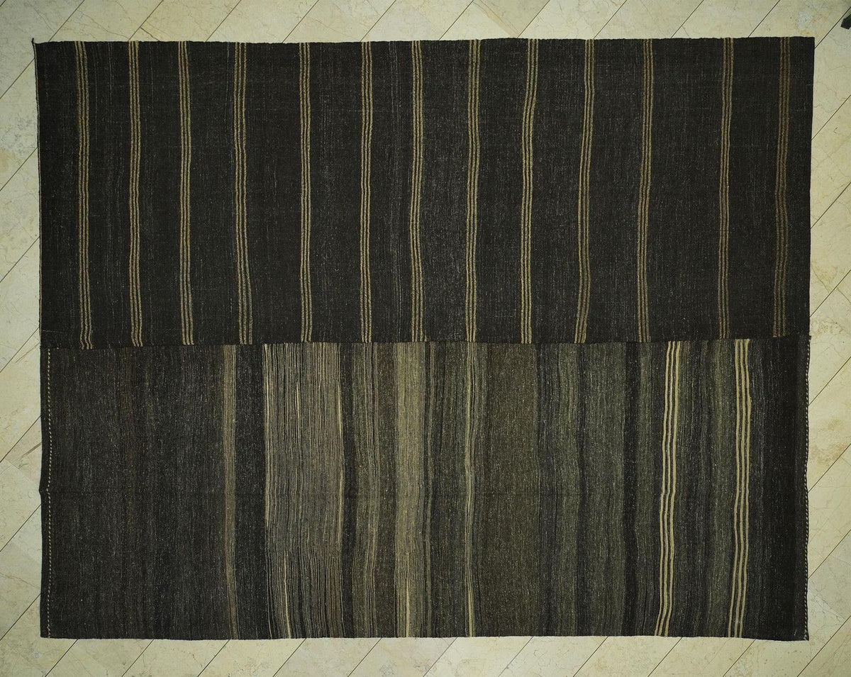 Oversized Striped Turkish Goat Hair Woven Kilim Rug: 10.3x13.1 Feet,Brown & Tan Vintage Rugs