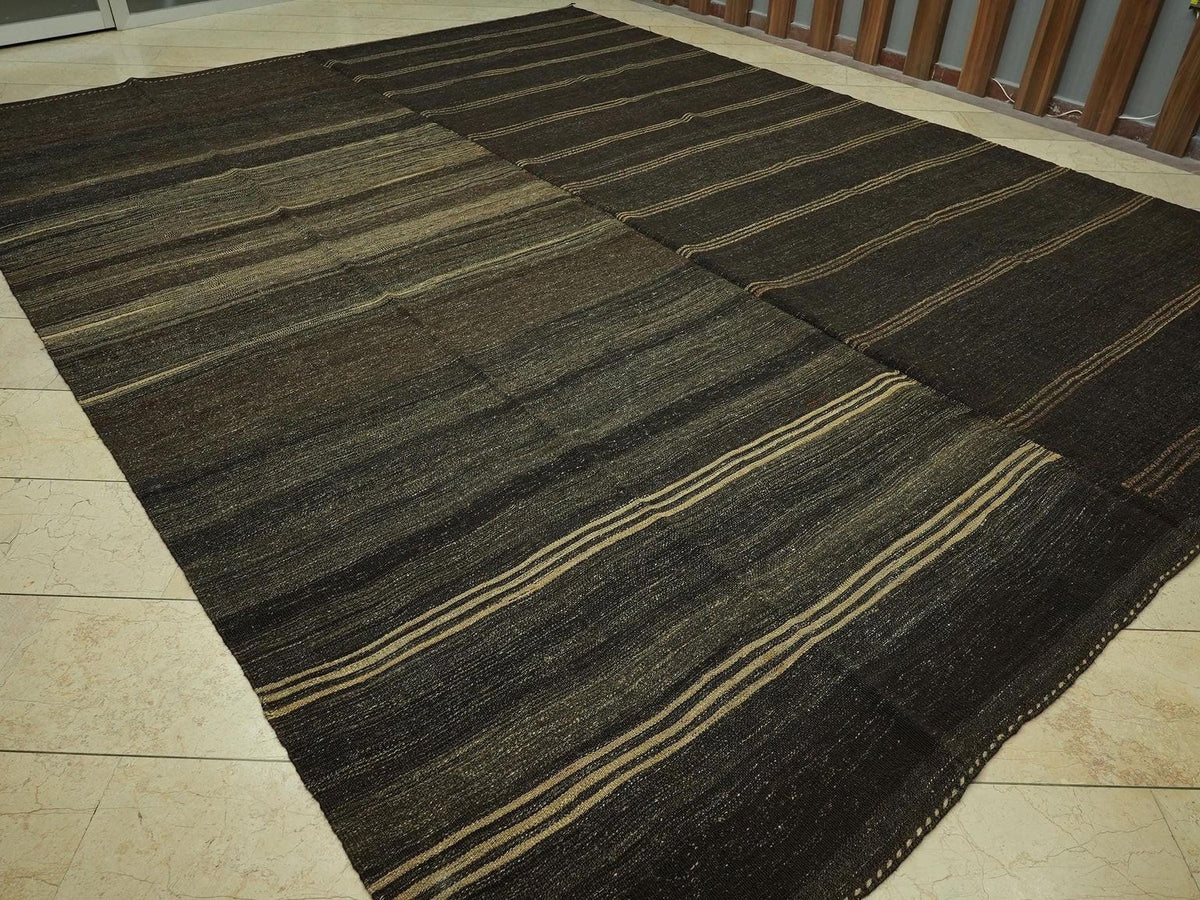 Oversized Striped Turkish Goat Hair Woven Kilim Rug: 10.3x13.1 Feet,Brown & Tan Vintage Rugs
