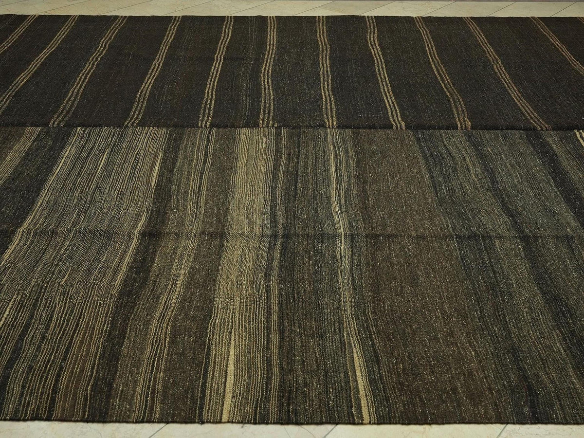 Oversized Striped Turkish Goat Hair Woven Kilim Rug: 10.3x13.1 Feet,Brown & Tan Vintage Rugs